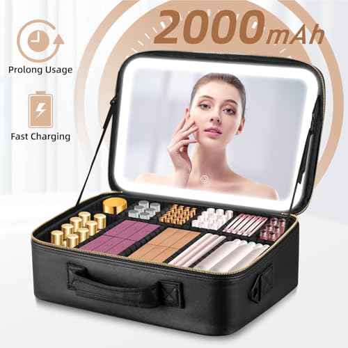 15''X11'' Large Capacity Makeup Bag with LED Mirror, Professional Makeup Case Organizer with 3 Color Light Adjustable Brightness, Travel Make up Cosmetic Case with Detachable Dividers & Shoulder Strap