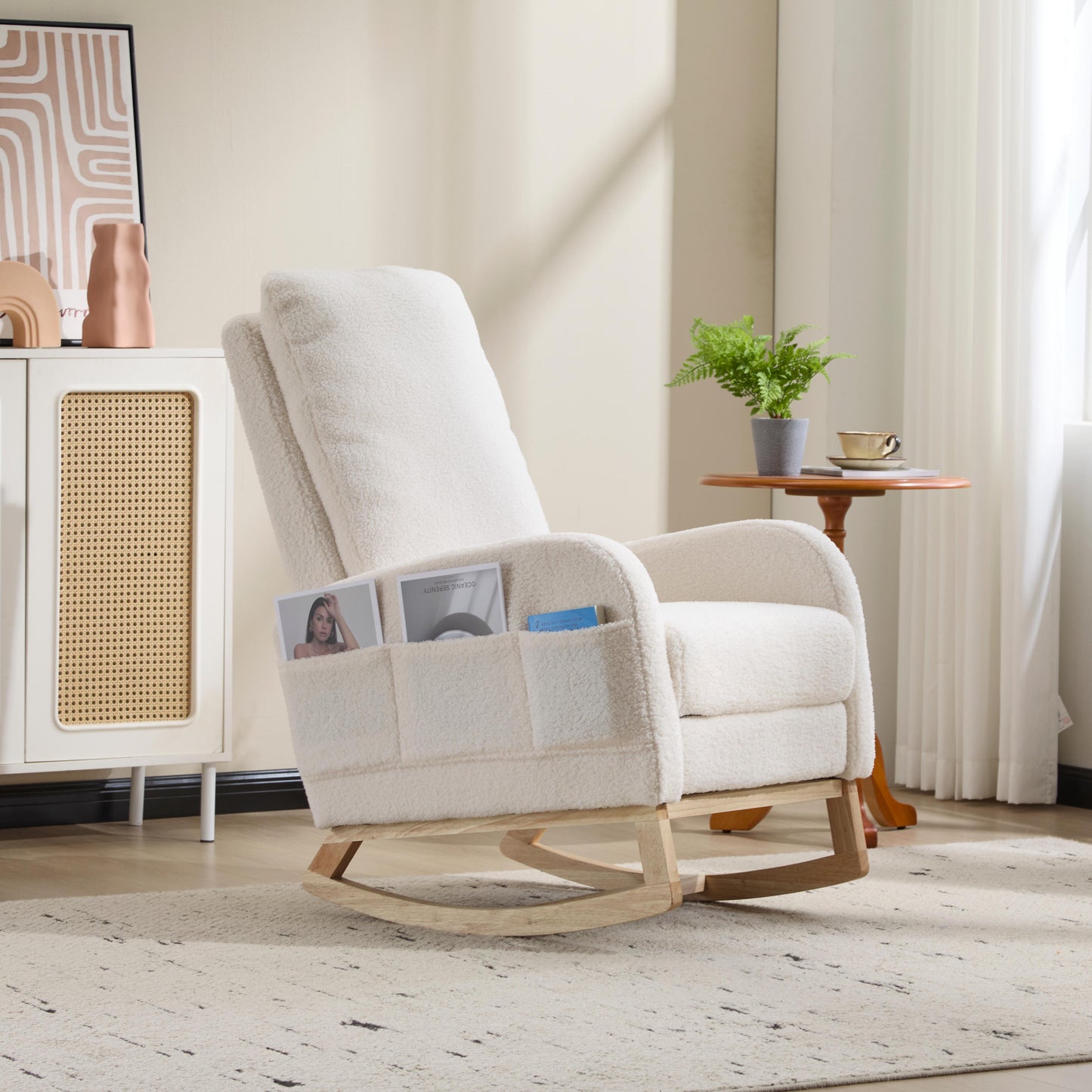 Upholstered Rocking Chair with Solid Wood Legs - White