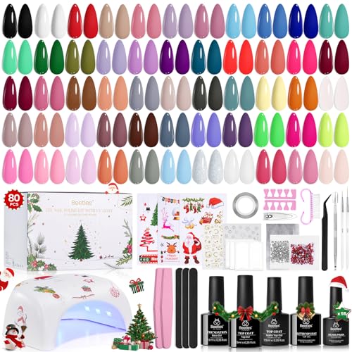 Beetles 82 Pcs Gel Nail Polish Kit with U V Ligh - 55 Color Gel Nail Kit Christmas Gifts for Teens Women Girls Soak Off Color Enchantment Winter Red Nails Art Home Salon Beginner DIY Manicure Set