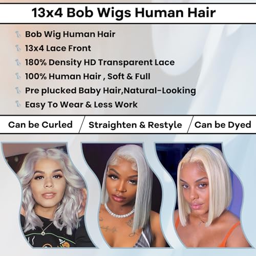 Grey Bob Human Hair Wigs 13x4 HD 180% Density Lace Front Wig Human Hair Silver Glueless Wigs Human Hair £¨16in£©
