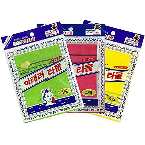 GOLDSANGSA-Korean Exfoliating Towel Washcloth Mitts 12pcs(Green4,Red4,Yellow4)/Korean Italy Towel Skincare Exfoliating Scrub Bath Cloth Remove Dead Skin