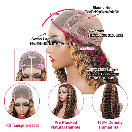 BLY Highlight Human Hair Lace Front Wigs Deep Wave #4/27 Ombre Colored Glueless Wigs Pre Plucked 18 Inch 4x4 Transparent Curly Water Wave Lace Wig Honey Blonde Real Human Hair 180% Density