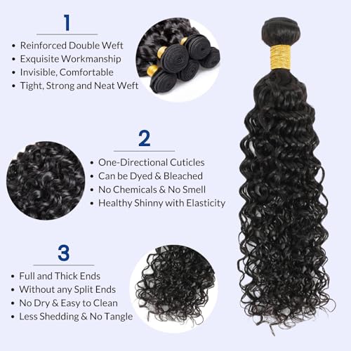 Water Wave Human Hair Bundles - Natural Black Wet & Wavy Curly Sew In Weave, Soft & Shed-free 12A 100% Brazilian Virgin Remy Hair - 3 Bundles, 12, 14, 16 Inch