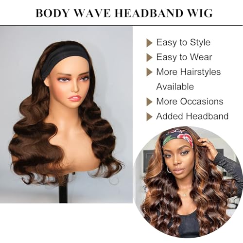 Headband Wig Human Hair Body Wave Headband Wigs for Black Women human hair #4 Brown Color Wear and Go Glueless Wig 100% Brazilian Virgin Human Hair Headband wig 150% Density(20inch)