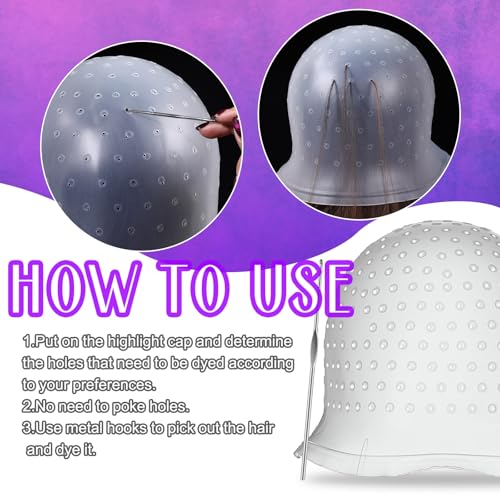 2 Pcs Hair Coloring Highlighting Cap Reusable Silicone Highlight Cap Pull Through Caps for Hair Coloring Frosting Cap with Hook Hair Dye Cap with Holes Hair Salon Tools Hairdressing Highlighting Kit