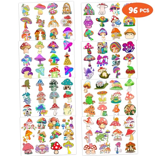 96 PCS Mushroom Temporary Tattoos Mushroom Veggie Theme Birthday Party Decorations Favors Supplies Decor Trippy Cute Stickers Gifts for Boys Girls Kids Class School Prizes Carnival Halloween Christmas