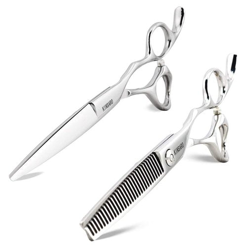 KINSARO 6 Inch Hair Cutting Scissors & 6 Inch Hair Thinning Scissors, V Shape Teeth, Stainless Steel, Silver, Ambidextrous, Thinning, Compact