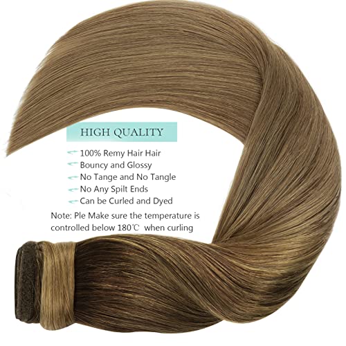 Long Ponytail Extension Human Hair Balayage Ponytail Hair Extensions Natural Wrap Around Clip on Ponytails for Women with Magic Paste 20 Inch 90g Ombre Darker Brown Mix Light Brown to Light Brown