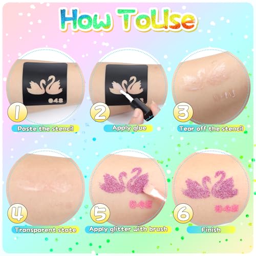250-Piece No-Mess Temporary Glitter Tattoo Kit for Kids, 203 Unique Stencils,3 Glue,4 Brushes,boys girls adults Glitter tattoos Kids make up Kit, Gifts for Girls 6-12, Boys Birthday Party halloween