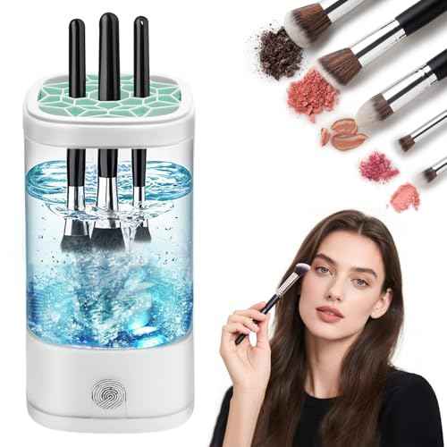 Efficient Electric Makeup Brush Cleaner Machine? 8000 RPM Automatic Cleaner with Multi-Size Silicone Holder, Deep Cleans Makeup Brushes and Sponges White