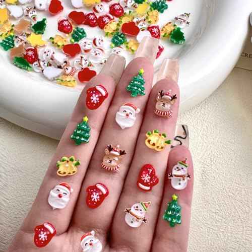 60pcs 3D Cartoon Christmas Nail Charms, Cute Elk Snowman Christmas Nail Art Charms Santa Claus Nail Charm Xmas Tree Gloves Christmas Bells Resin Charms for Nails Kawaii Nail Charms Nail Accessories