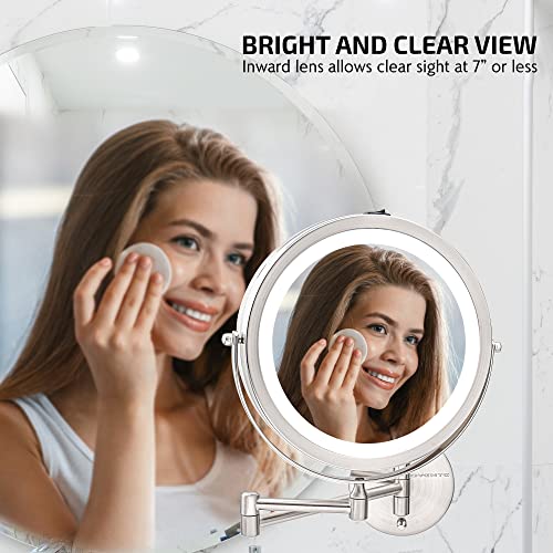OVENTE Wall Mounted Lighted Makeup Mirror, 9" Double Sided 1X/10X Magnifying Vanity Mirror for Bathroom with LED Lights, Cordless, 360¡Æ Rotation and 13" Extendable Arm, Nickel Brushed MFW85BR1X10X