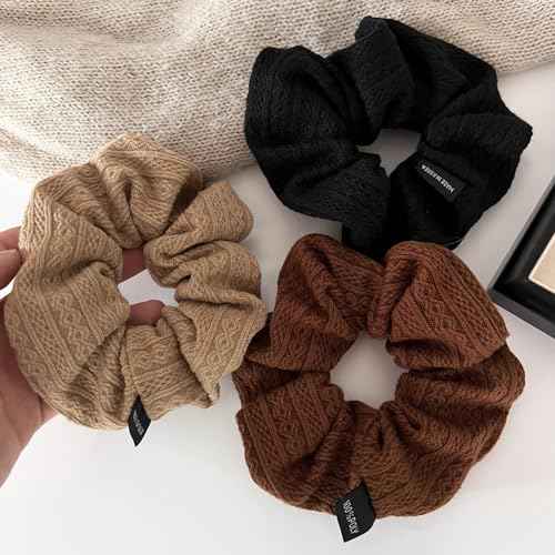 Scrunchies for Women's Hair 3Pcs Brown Camel Black Knit Scrunchies for Long Thick Curly Hair Ultra Textured Soft Hair Bands Neutral Scrunchie Cute Ponytail Holders No Damage Elastic Hair Ties