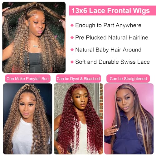 26 Inch 13x6 Highlight Ombre Deep Wave Lace Front Wigs Human Hair Pre Plucked #4/27 Colored Glueless Wigs Water Wave Honey Blonde Curly Lace Frontal Wigs Human Hair for Women