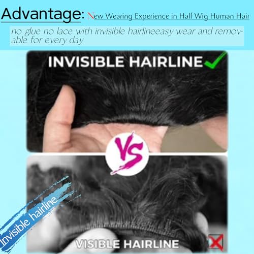 Kinky Curly Half Wig Human Hair Drawstring Seamless Flip Over Half Curly Wig Human Hair Invisible Hairline Glueless Wear and Go Wigs For Black Women Beginner Friendly 16Inch 200% Density