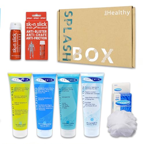 TRISWIM Serious Swimmers Splash Box | After Swim Body Wash + Swimmers Shampoo and Conditioner + Lotion | Skin Slick Anti-Chafe Spray | Anti-Fog Wipes