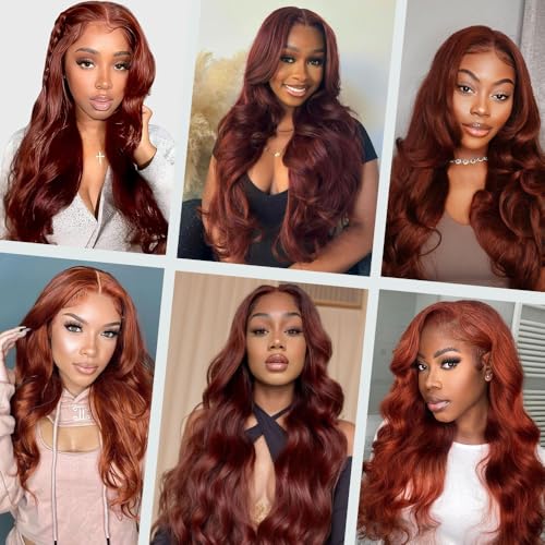 Reddish Brown Lace Front Wigs Human Hair 28 Inch 13x4 Body Wave HD Lace Frontal Wigs Human Hair for Women 180 Density Auburn Colored Copper Red Pre Plucked