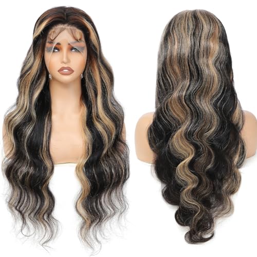 22 Inch 1B/27 13x6 Balayage Highlight Ombre Body Wave Lace Front Wigs Human Hair Honey Blonde Colored Lace Frontal Glueless Wigs Human Hair Pre Plucked for Women with Baby Hair