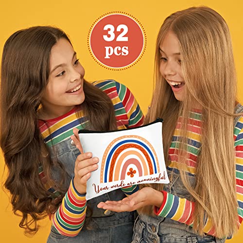 Pinkunn 32 Pcs Boho Canvas Makeup Bags Bulk Employee Appreciation Gifts for Women Inspirational Cosmetic Gifts Bags for Staff Team Pouch Travel Toiletry Pouch