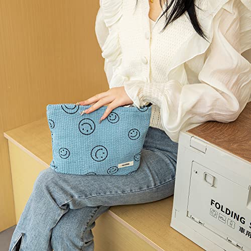 GUTGNK Makeup bag for Women, Corduroy Cosmetic Bag Aesthetic Design Ladies Tote Bag,Cute Smiley Face Makeup Organizer with Zipper - Blue