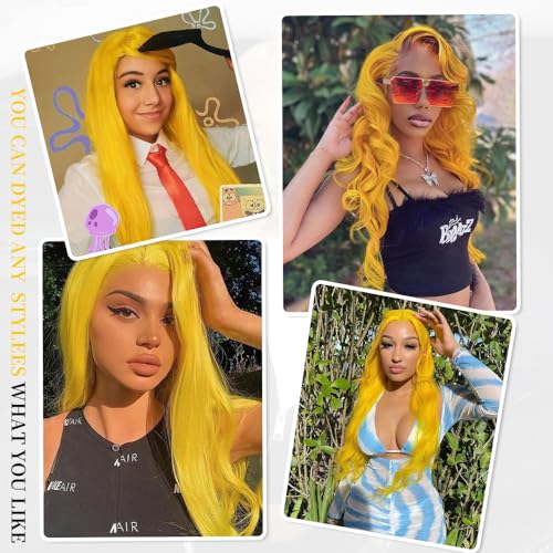 26 Inch Yellow Lace Front Wig Human Hair 200% Density Blonde Wig Human Hair Body Wave Lace Front Wigs Human Hair Pre Plucked 13x4 HD Lace Frontal Wig Yellow Colored Wigs Human Hair Glueless Wig