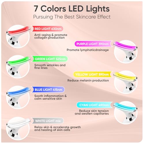 Face and Neck Massager Tool, 7 Colors LED Light Therapy Wand for Wrinkles, Double Chin, Portable Facial Massager with Vibrating and Thermals for Skin Care, Glossy White