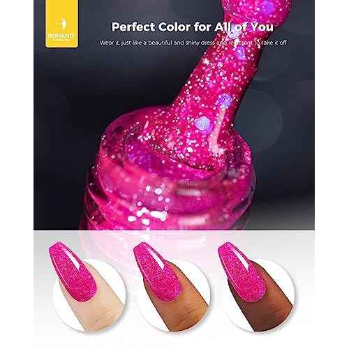 BURANO Glitter Gel Nail Polish - LED UV Curing, Holographic Effect, No Chip Sparkle Gel - Hot Pink (LP14)