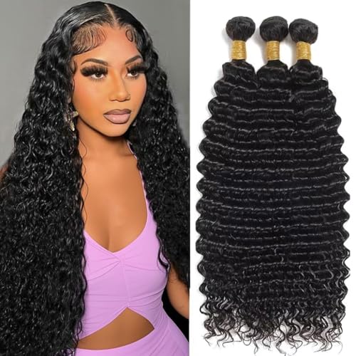 Deep Wave Human Hair Bundles 16 18 20 Inch Deep Wave Bundles 100% Unprocessed Brazilian Virgin Hair 3 Bundles Curly Bundles Hair Extensions Real Human Hair Wavy Quick Weave Bundles Natural Black