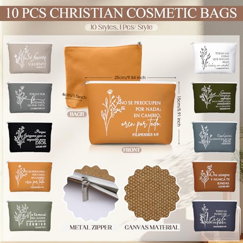 Kacctyen 10 Sets Pastor Appreciation Gifts Bulk Spanish Christian Gifts for Women Regalos Cristianos para Mujer Religious Canvas Makeup Bags with Bible Verse Compact Mirrors (Boho Color)