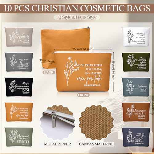 Kacctyen 10 Sets Advent Beauty Calendar Spanish Christian Gifts for Women Regalos Cristianos para Mujer for Christmas Religious Canvas Makeup Bags with Bible Verse Compact Mirrors (Boho Color)