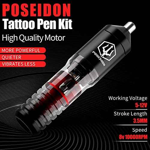POSEIDON Cordless Rotary Tattoo Machine Kit with 20 Tattoo Cartridge Needles, Ink Set & 2 Rechargeable Batteries | Professional Portable Tattoo Gun for Beginners | Complete Starter Supplies