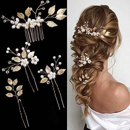 4 Pieces Bridal Wedding Hair Pins Gold Leaf Crystal Pearl Hair Pins Clips Flower Headpiece Vintage Wedding Hair Accessories for Brides Bridesmaids Women Girls