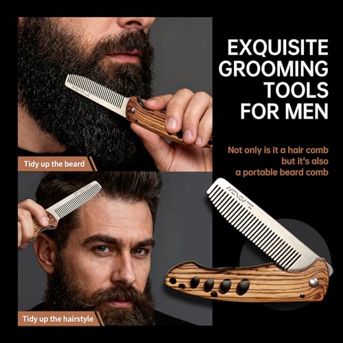 1PC Small Folding Pocket Beard & Mustache & Hair Styling Comb for Men - Metal Tactical Grooming Tool with Wooden Handle, with 180¡Æ Rotatable for Outdoor Travel & Home Use - Length 6.57inch