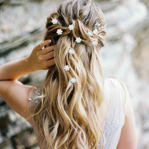 YISSION 20Pcs Mini Rhinestone Flower Hair Clips Cute Blue Pearl Hair Pins Small Decorative Hair Clips Wedding Hair Barrettes Bridal Hair Accessories for Girls Women