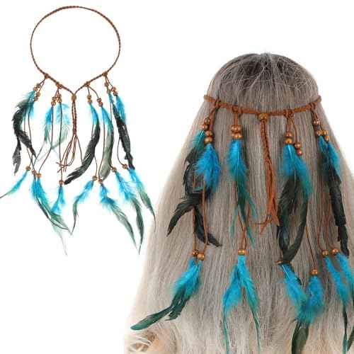 Indian Headdress, Boho Indian Feather Headband, Native American Headband, Hippie Headbands for Women, Native American Headdress, Native American Hair Accessories for Women and Girls Blue