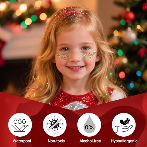 Christmas Hair Glitter Stick,Green Red Face Body Glitter for Kids,Waterproof Christmas Outfits for Women, Stocking Stuffers Sparkling Festival Party Gift for Women Girls,Chunky Glitter Makeup