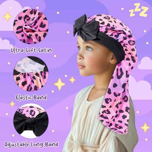 Lolalet Kids Bonnets for Girls, Long Silk Bonnet for Sleeping Kids Satin Bonnet Cap with Tie Band (F -1 Pc, Leopard)