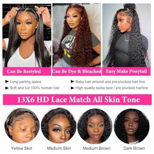 SODLIS Deep Wave Lace Front Wigs Human Hair 180% Density 13x6 Deep Wave HD Lace Frontal Wig Human Hair For Women Deep Curly Wigs Pre Plucked with Baby Hair (28 Inch)