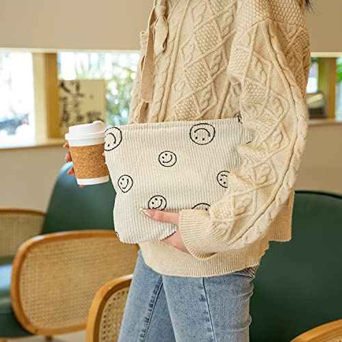 Makeup Bag For Women - Corduroy Cosmetic Bags Aesthetic Design Ladies Tote pouch Women's Pencil Case,Cute Smiley Face Makeup Organizer with Zipper (Beige)