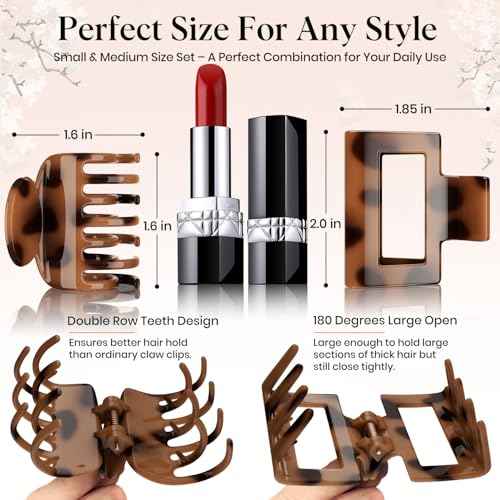 8 PCS Medium Hair Clips for Women Girls - 2 Styles Rectangle and Double Row Teeth Small Claw Clips for Thin Thick Hair, Strong Hold Jaw Clips Stylish Leopard Print Hair Accessories, Tortoise