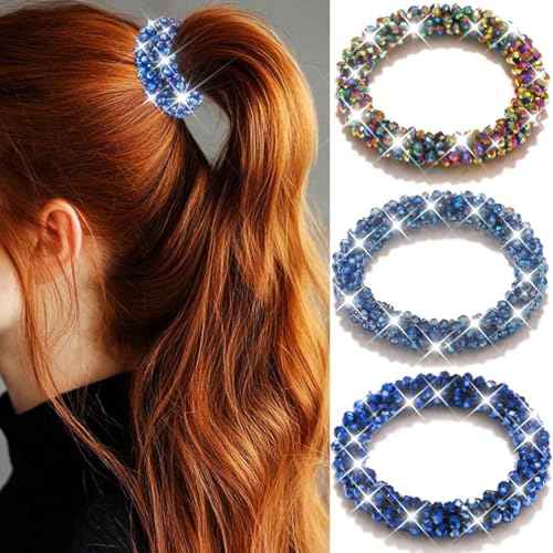 Fashey Rhinestone Hair Tie Fancy Ponytail Holders Blue Beaded Scrunchies Hair Accessories for Women