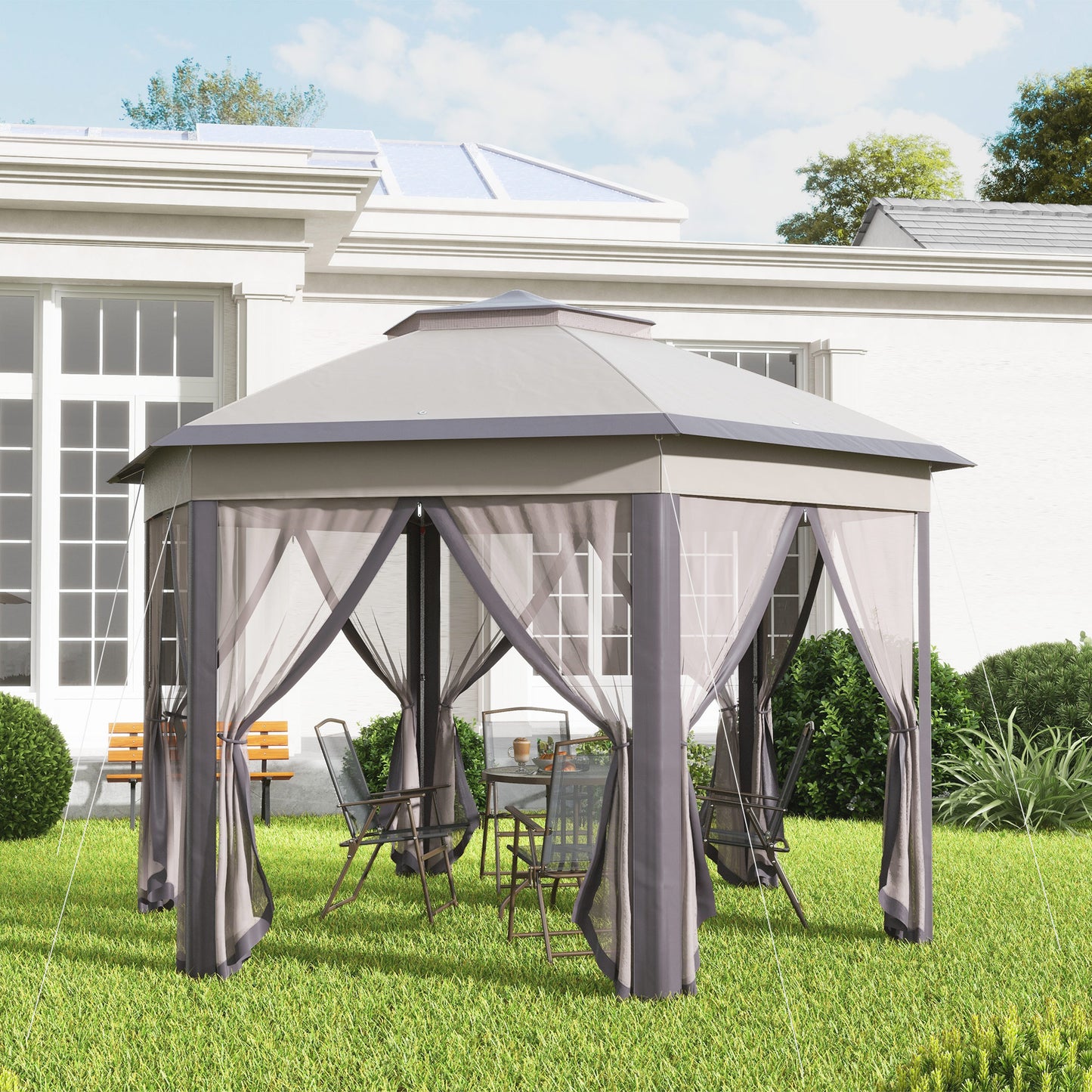 13' Hexagonal Pop Up Gazebo Canopy with Mesh Sidewalls - Coffee, Beige
