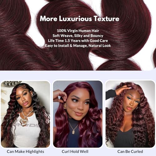 99j Dark Burgundy Body Wave Bundles Human Hair 26 Inch, 12A Soft And Shiny Red Wine Colored Bundles 100% Brazilian Virgin Remy Hair Sew In Weave Single Human Hair Bundle Chic #99j Color