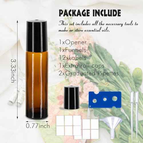 6 Pack Essential Oil Roller Bottles - 10ml Amber Glass Roll-On Bottles with Stainless Steel Roller Balls, Labels, 1*Openers, 1*Funnels, 1*Dropper
