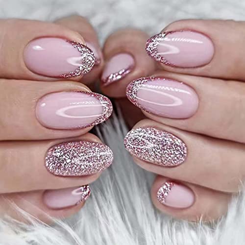 Short Almond False Nails French Press on Nails Bling Fake Nails Acrylic Glossy Cute Nails Tips for Women and Girls 24PCS