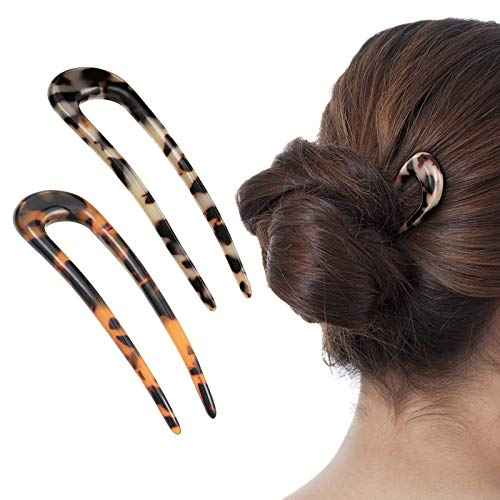 2 Pack Benefree French Style Cellulose Acetate Tortoise Shell U Shaped Hair Pins Fork 2 Prong Updo Chignon Pin for Women Girls Hairstyle Accessories£¨Tortoiseshell and White Tortoiseshell)