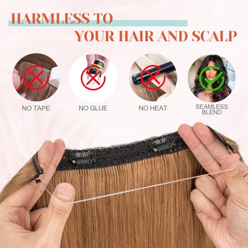 Benehair Miracle Wire Extension for Women Real Human Hair Hairpieces with Invisible Secret Fish Line Adjustable Wire Replacement Light Brown Hair Extension 20inch for Thinning Hair #6