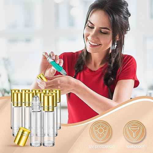 Sumind 150 Pcs Essential Oil Roller Bottles 10 ml Glass Empty Roll on Bottles with Stainless Steel Balls Leak Proof with 5 Funnel for Travel Essential Oil(Gold)