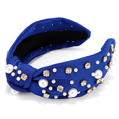 Knotted Headbands with Pearl Rhinestone Royal Blue Womens Headbands Wide Top Knot Headbands Beaded Headband Crystal Jeweled Head Bands for Women's Hair Embellished Headbands Non Slip Sparkly Hair Bands Fashion Hair Accessories for Girls Gifts