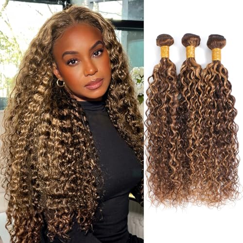 Highlight Water Wave Ombre Honey Blonde Curly Bundles, 4/27 Brown Highlighted Wet and Wavy Bundle Weave, Soft 12A 100% Virgin Hair 3 Bundles 10 12 14 Inch